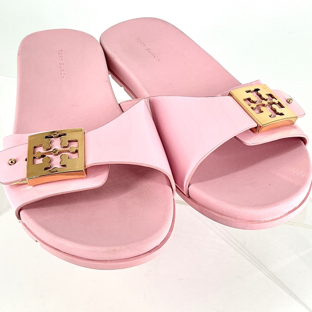 Tory Burch Size 8 Mellow Slide Pink Patent Leather Buckle Sandals